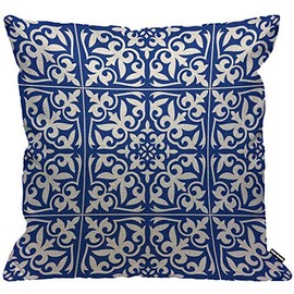HGOD DESIGNS Moroccan Tile Cushion Cover,Ikat Damask Traditional Floral Cobalt Blue and White Throw Pillow Case Home Decorative for Living Room Bedroom Sofa Chair 18X18 Inch Pillowcase 45X45cm