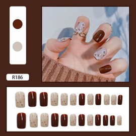 Fall Fake Nails MABKJLF Press on Nails Short Square Full Cover Brown False Nails with White Flower Designs Glossy Glue on Nails Acrylic Nails Manicure Artificial Nails for Women Girls 24Pcs