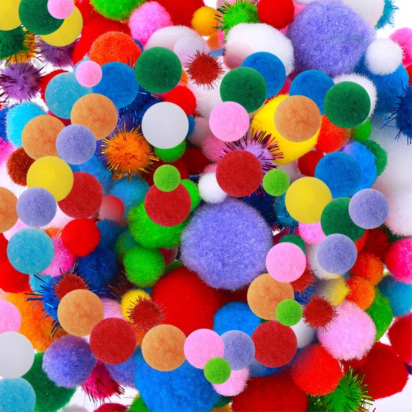 WLLHYF 250 Pcs Pom Pom Balls Assorted Sizes Multicolor Soft and Fluffy Puff Balls Valentine Day Glitter Pompoms for DIY Creative Art Crafts Home Garden Decorations