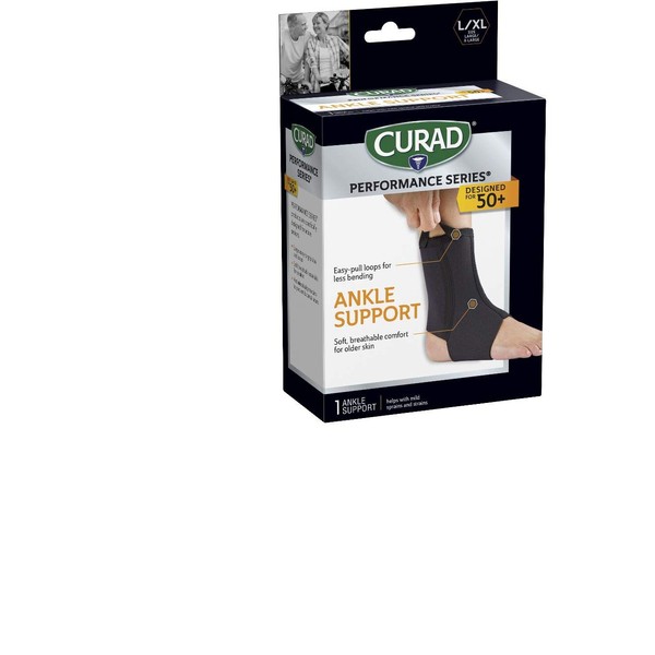 CURAD Performance Series Ankle Support Designed For Active Seniors 50+, Large Easy To Grip Tabs & Loops For Easier Application, Helps With Mild Sprains & Strains, Size L/XL
