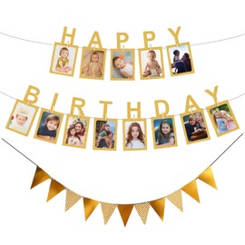 Set of 2 Happy Birthday Garland, Birthday Garland with Photo Garland and Banner, for Children's Birthday and Adult Parties, Decoration for Family Celebrations and Milestone Parties