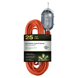 Go Green Power Inc. 25ft Portable Hand Lamp with 16/3 Kink-Free Cord (Bulb not included) - Durable Construction, Swivel Hook, and Built-In On/Off Switch - Ideal for Construction and Household Projects