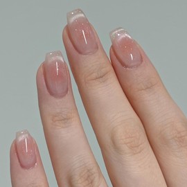 24 Pcs Medium Coffin Press on Nails, Shiny Nude Cat Eye False Nails in 12 Sizes, Acrylic Full Cover Stick on Nail with Jelly Glue Stickers, Reusable French Fake Nail Set for Women Girls DIY Decoration