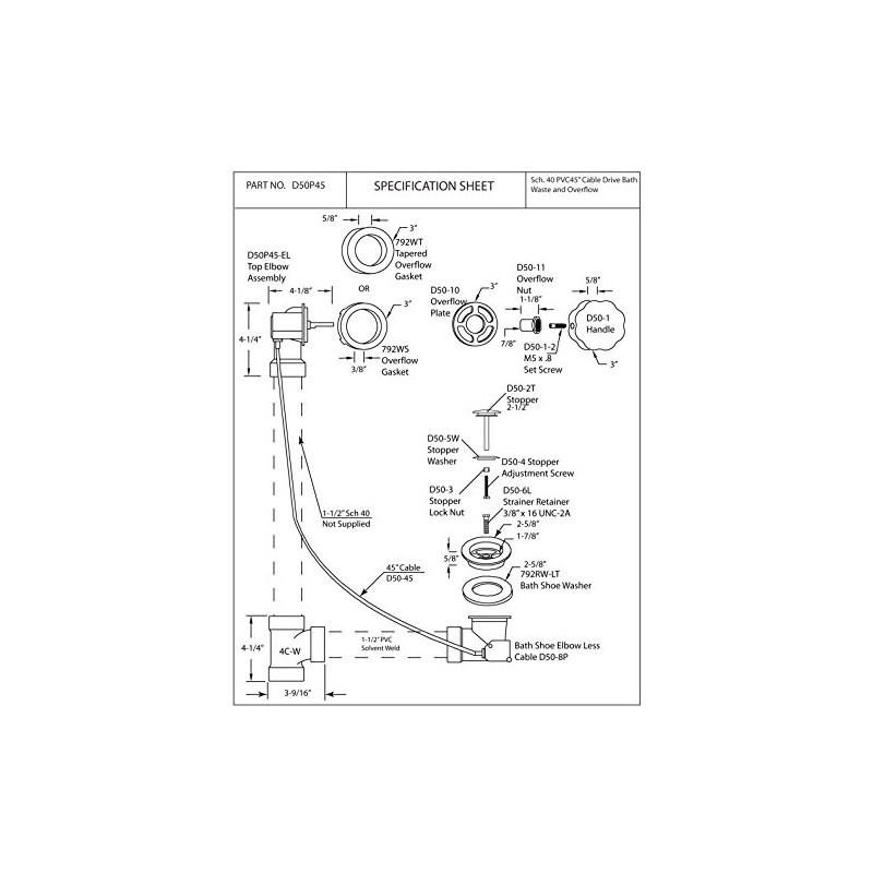 Westbrass D50P45-26 45" Cable Drive Standard Bath Drain Trim Kit