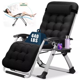 NAIZEA  Zero Gravity Chair Folding Reclining Chaise With Pillow+Mat+Arm Cushion - Black, Mat+Cup Hoder+Pillow