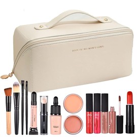 SVVDOWOU Travel Makeup Bag, Large Capacity Travel Cosmetic Bag for Women, Waterproof Portable Two-Way Zipper Toiletry Bag,Organizer Bag With Dividers and Handle (white)