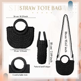 Frienda Straw Tote Bag Summer Beach Bag Handmade Straw Rattan Woven Handbag for Women Travel (10.24 x 5.51 x 7.09 Inch,Black)