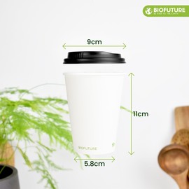BIOFUTURE Biodegradable Coffee Cups – 50 x 6oz – 16oz (170ml – 450ml) Disposable Paper Cups with Lids – Eco-Friendly and 100% Compostable – Ideal for Tea, Coffee, and Hot Drinks (White, 12oz)