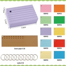 Forbabe Pack of 1000 Lined Index Cards A8, Thickened Flashcards with Ring, Colourful Index Box, 10 Colours, Index Card for Learning Vocabulary/Notes/Formulas