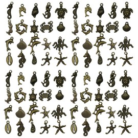 100pcs Antique Blue Ocean Series Seahorse Dolphin Sea Turtle Starfish Shell Pendant Jewelry Making DIY Keychain Earrings Pendant Various Design Charms for Jewelry Making Bracelets Necklace (SN883)