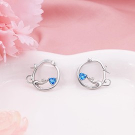 Cat Earrings 925 Sterling Silver Pet Huggie Hoop Earrings with Blue CZ Heart Animal Hoop Earrings Hypoallergenic Tiny Cute Fine Jewelry Gifts for Women Cat Lover