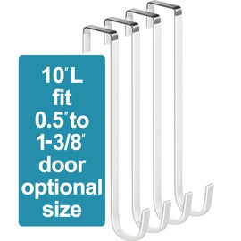 Mars-Rock Over The Door Metal Hooks with Plastic Coating 10" Fit 0.5" to 1 3/8" Door 4 Pcs Heavy Duty Single Towel Robe Rack Wreath Bathroom Shower Hanger Shoe Organizer Ironing Board Long White