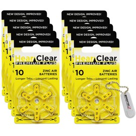 Hear Clear Size 10 PR230 Hearing Aid Batteries Yellow Tab (60 Batteries) + Battery Holder Keychain