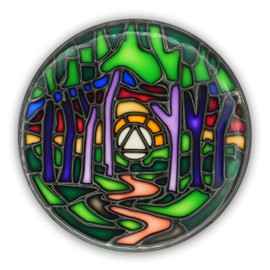 Stained Glass AA Coin, Scenic Journey Alcoholics Anonymous Addiction Recovery Sobriety Chip Medallion, Inspirational Sober Gifts for Men and Women by the Token Shop (Winding Path of Recovery Forest)