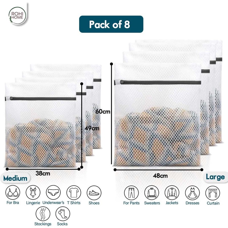 ROHI 8-Pack Mesh Laundry Bags – 4 Large (60x48cm) &