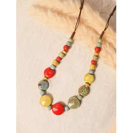 MINACHI Boho Hippie Colorful Round Ceramic Beads Strand Necklace Bohemian Jewelry Gift