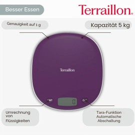 TERRAILLON Electronic Kitchen Scales - Tare Liquid Conversion, Integrated Handle, Weighing Range 5kg, Accuracy 1g - Model 'Macaron Inox' Plum, Plum