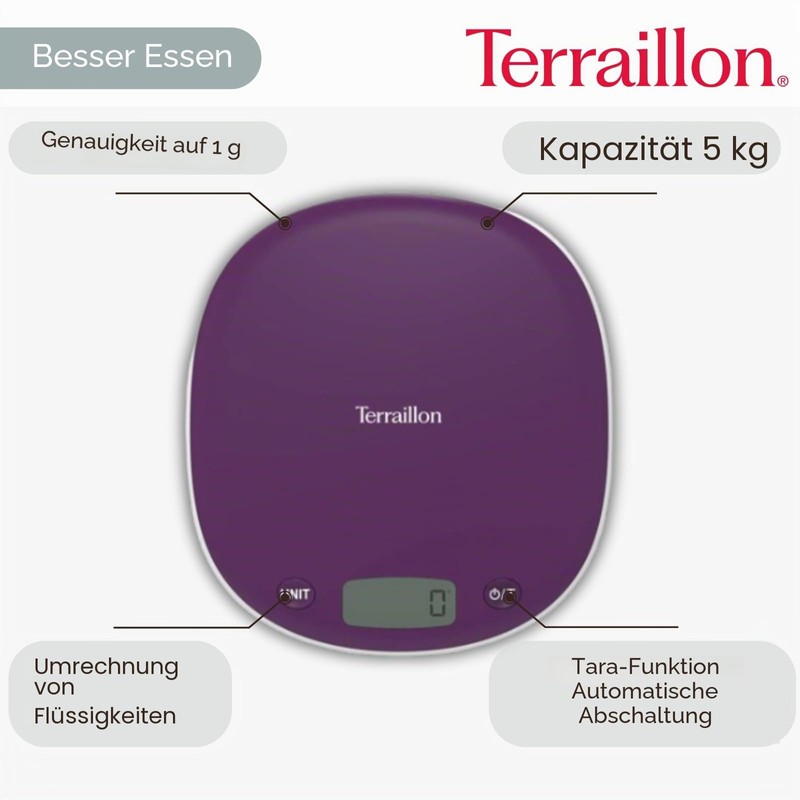 TERRAILLON Electronic Kitchen Scales - Tare Liquid Conversion, Integrated Handle,