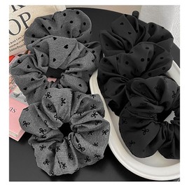 Soft Chiffon Floral Scrunchies for Women girls, black love heart bowknot polka dot Large Hair accessories, Elegant Cute Small Flower hair bands ponytail thin curly hairs (6Pcs Black bow polka dot)