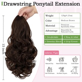 Cephermer Ponytail Extension, 15 Inch Drawstring Ponytail, Medium Brown Wavy Clip in Pony Tails Hair Extensions Natural Looking Synthetic Hairpiece for Women Daily Use party