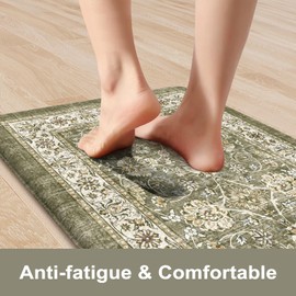 KIMODE Anti Fatigue Kitchen Mats 17"x59"+17"x29", Boho Distressed Kitchen Rugs Sets of 2, Kitchen Floor Mats Non Slip Cushioned, Waterproof Standing Mat for Laundry Office Sink Desk Khaki/Green Multi