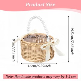 2Pcs Wicker Rattan Flower Girl Baskets, Handwoven Wicker Basket with Pearl Handle, Plastic Liner, and Satin Bow, Fairy Flower Small Rattan Basket for Weddings Bridal Anniversary Party Decor