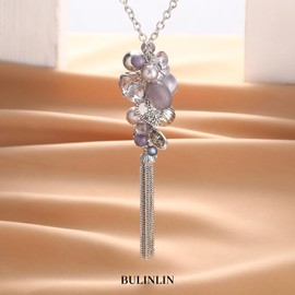 Bulinlin Silver Long Chain Women's Silver Pendant Chain with Tassels Fashion Jewellery Chain Long Birthday Gift for Women, Pearl Crystal, No Gemstone