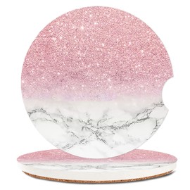 Removable Ceramic Cup Holders Car Coasters for Women,Flash Pink Marble Absorbent Drink Cup Car Holder Coasters Auto Accessories with A Finger Notch 2.56" Pack of 2,Marble Pink Shiny