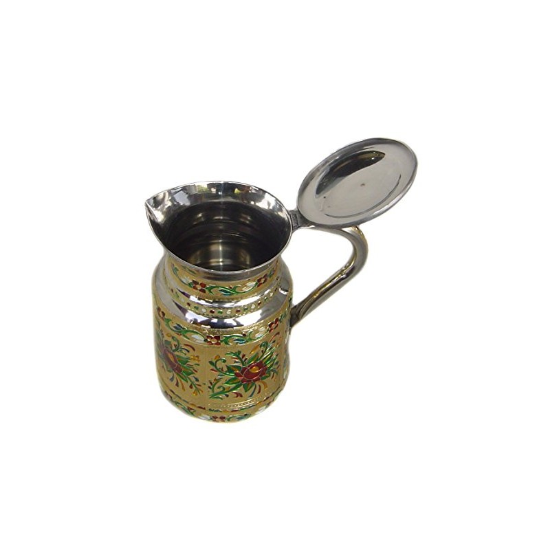 Indian Fine Stainless Steel Water Pitcher, Meenakari Decorative Jug, Table