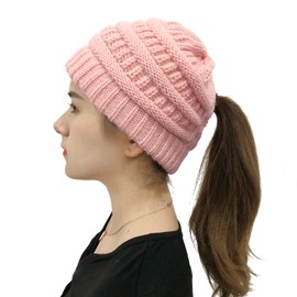Taidor Soft Stretch Cable Knit Hat Ponytail Beanie Hat for Women Messy Bun Beanie Tail Slouchy Warm Hat Pink