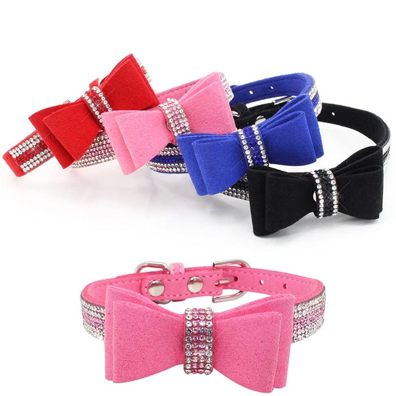 HimyBB Red Crystal Rhinestone Bow Adjustable Soft Dog Collar Medium