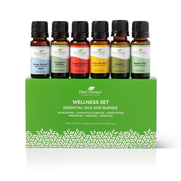 Plant Therapy Wellness Essential Oil Gift Set 10 mL (1/3 oz) Each Set Includes: Germ Fighter, Immune-Aid, Respir-Aid, Blues Buster, Eucalyptus and Oregano
