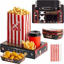 RVXHUA 48PCS Movie Night Party Supplies - 24 Snack Boxes,12 Food Trays, 12 Popcorn Bags - Disposable Paper Snack Holder, Movie Night Accessories for Family Gatherings, Parties, and Home Theater