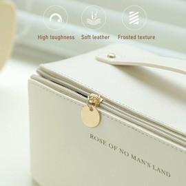 BOXTOHEART Portable Make Up Bag, Large Capacity Travel Cosmetic Bag, PU Leather Double-layered, Waterproof Portable Leather Makeup Organizer Bag for Skin Care Kits Cosmetics Toiletries (White)