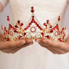 Wekicici Baroque Queen Crown Red Crystal Tiara Rhinestone Princess Wedding Headband for Women Birthday Pageant Party(Red)