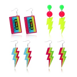 IHFAIO 4 Pairs 80s 90s Earrings for Women, Neon Accessories, Colorful Lightning Cassette Acrylic Drop Earrings Neon Earrings for 80's Party Halloween