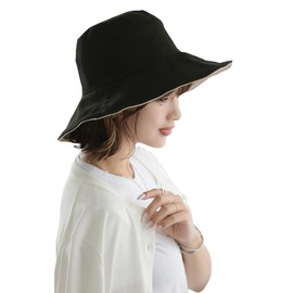 LittleAndMore Women's 99% UV Protection Hat, UPF50+ Reversible x 100% Cotton, Bucket Hat x Wide Brim for a Small Face Effect, Black