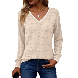 Zeagoo Womens Fall Sweaters 2025 Casual Long Sleeve Ribbed V Neck Lightweight Crochet Pullover Knit Blouse Apricot