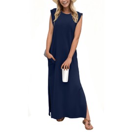 GRECERELLE Women's Summer Casual Crew Neck Split Beach Long Maxi Dress with Pockets (XX-Large, Navy Blue)