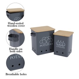 Kitchen Vegetable Storage Tins Set of 2 for Potatoes, Onion, with wooden lid Garlic Bin Caddy, Long Shelf Life-Grey