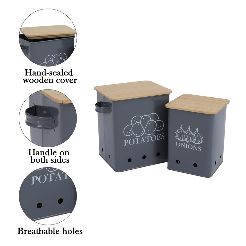 Kitchen Vegetable Storage Tins Set of 2 for Potatoes, Onion,