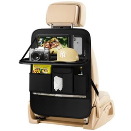 Aiuwo Car Backseat Organizer with Tablet Holder Storage Kick Mat Seat Protector,PU Leather Premium Car SeatBack Organizer with Foldable Table for Kids Toddlers Travel (Black, Plain weave)