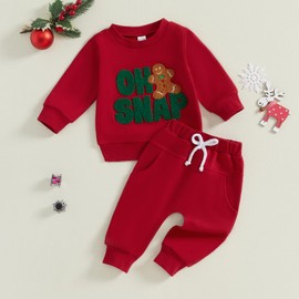XIXIMAON Baby Girls Boys Christmas Outfits 2pcs Long Sleeve Gingerbread Embroidery Lettered Sweatshirt Jumper Elastic Pants Set Toddler Clothes (Red, 2-3T)