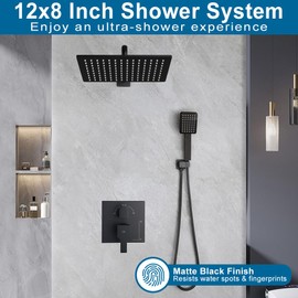 POP SANITARYWARE Matte Black Shower Faucet Set Rainfall 12 Inch Shower Head and Handle Set Bathroom Rain Shower System Wall Mounted Shower Fixture Include Shower Valve and Trim Kit
