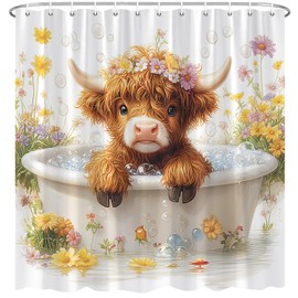 Funny Highland Cow Shower Curtain Cute Calf Farmhouse Bull in Bath Bubble Western Yellow Floral Country Spring Cattle Animal Bath Decor Polyester Fabric Curtains 70X70 Inch
