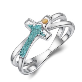 Cujiesp Mustard Seed Rings 925 Sterling Silver Turquoise Jewelry Cross Ring Mustard Seed Gift Turquoise Rings for Women