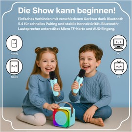 MMOBIEL Children's Karaoke Machine with 2 Microphones - Mini Karaoke Machine, Portable Bluetooth Speaker, 2 Wireless Microphones - Toy 3+ Years, Gifts for Girls, Boys, Children - Blue