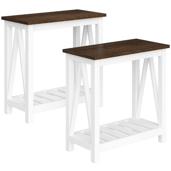 ChooChoo Farmhouse End Table Set of 2, Rustic Vintage Narrow End Side Table with Storage Shelf for Small Spaces, Nightstand Sofa Table for Living Room, Bedroom White