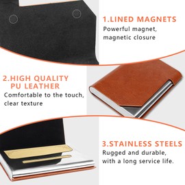 Erzekrim Slim Business Card Holder, Premium PU Leather Business Card Holder, 2 Pieces, Stainless Steel, Magnetic Closure, Holds 24 Cards, brown, Modern