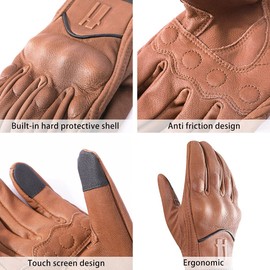 Harssidanzar Mens Motorcycle Gloves Fleece Lined Winter Warm Goatskin Leather Touchscreen GM041CA, Light-Brown, Size Small